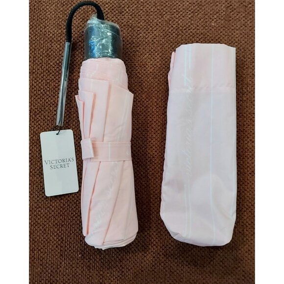 Victoria's Secret Pink Mini Striped Portable Logo Compact Travel Umbrella - Picture 2 of 6